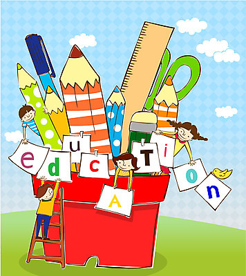 EPS 구름 학생 알파벳 여자 교육 남자 어린이 일러스트 사다리 하늘 가위 미소 웃음 사람 소녀 소년 여러명 연필 볼펜 필통 형광펜 어린이만 국내일러스트 자연요소 영어 다수 문구용품 학용품 표정 필기구 펜 도구 파일형식 벡터