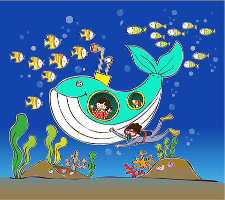 EPS 학생 여자 교육 남자 어린이 바다 다수 일러스트 어류 미소 웃음 사람 소녀 소년 두명 바닷속 수중 잠수함 스쿠버다이빙 해저탐험 어린이만 국내일러스트 표정 수중동물 탐험 수상스포츠 파일형식 벡터