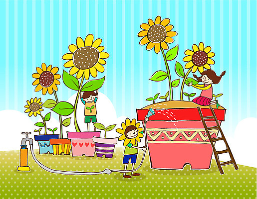EPS 학생 여자 교육 남자 꽃 화분 어린이 일러스트 사다리 해바라기 미소 웃음 사람 소녀 소년 세명 물 수도꼭지 원예 호스 어린이만 국내일러스트 자연요소 식물 표정 취미 도구 파일형식 벡터