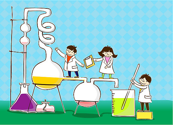 EPS 학생 여자 교육 남자 어린이 과학 일러스트 실험기구 실험 미소 웃음 사람 소녀 소년 세명 가운 실험복 비커 화학수업 어린이만 국내일러스트 옷 표정 파일형식 벡터