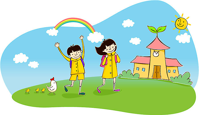 EPS 동물 학생 여자 교육 남자 어린이 가방 일러스트 학교 병아리 미소 웃음 사람 소녀 소년 두명 닭 입학 등교 어린이만 국내일러스트 잡화 조류 표정 등하교 파일형식 벡터