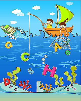 EPS 구름 학생 알파벳 여자 교육 남자 어린이 바다 일러스트 낚시 미소 웃음 사람 소녀 소년 두명 바닷속 그물 해조류 낚싯대 돛단배 말미잘 선박 어린이만 국내일러스트 자연요소 영어 수상교통 배_교통 레저 표정 수중 낚시용품 해양식물 자포동물 파일형식 벡터
