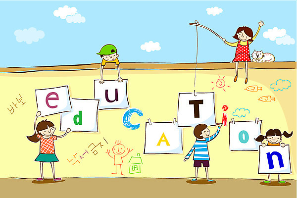 EPS 구름 학생 알파벳 영어 여자 교육 남자 어린이 일러스트 학교 미소 웃음 사람 소녀 소년 여러명 담장 낙서 어린이만 국내일러스트 자연요소 문자 다수 표정 파일형식 벡터