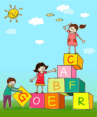 EPS 구름 학생 알파벳 여자 교육 남자 어린이 일러스트 하늘 미소 웃음 사람 소녀 소년 세명 태양 탑 퍼즐 어린이만 국내일러스트 자연요소 건축물 영어 표정 파일형식 벡터