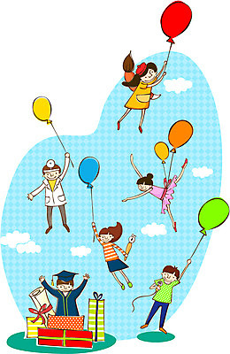 EPS 학생 여자 교육 남자 어린이 일러스트 학사모 졸업 하늘 미소 웃음 사람 소녀 소년 여러명 사회자 소설가 발레 마이크 발레리나 화가 장래희망 풍선 진로 어린이만 국내일러스트 직업 모자_잡화 음향기기 다수 표정 춤 작가 파일형식 벡터