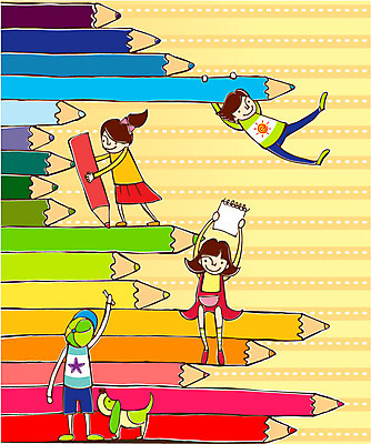 EPS 동물 한마리 학생 여자 교육 남자 어린이 일러스트 색연필 미술 미소 웃음 사람 소녀 소년 여러명 반려동물 강아지 스케치북 미술교육 어린이만 국내일러스트 1 다수 문화예술 학용품 표정 개 파일형식 벡터