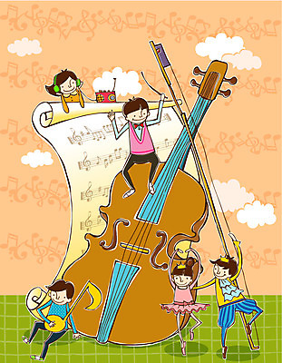 EPS 학생 여자 교육 남자 어린이 악기 음악 연주 음표 일러스트 미소 웃음 사람 소녀 소년 여러명 헤드셋 발레 바이올린 악보 라디오 발레리나 음악교육 발레리노 어린이만 국내일러스트 기호 음향기기 다수 현악기 문화예술 표정 전자제품 헤드폰 춤 파일형식 벡터