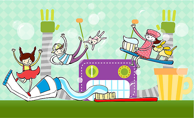 EPS 동물 학생 여자 교육 남자 어린이 두마리 일러스트 미소 웃음 사람 소녀 소년 세명 반려동물 고양이 양치 개 강아지 칫솔 치약 어린이만 국내일러스트 2 포유류 표정 위생용품 청결 파일형식 벡터