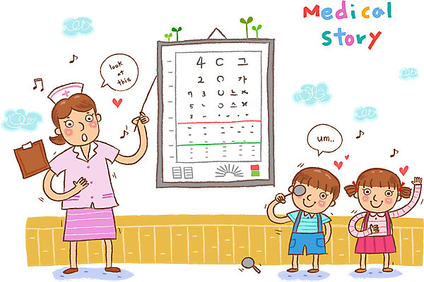 EPS 여자 어린이 일러스트 의학 건강 병원 미소 웃음 사람 소녀 소년 성인 치료 세명 건강관리 환자 간호사 도움 보호 질병 복지 질병관리 안과 시력검사 시력검사표 국내일러스트 남자 컨셉 표정 관리 의료진 사회이슈 검사_조사 파일형식 벡터