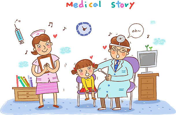 EPS 여자 남자 어린이 일러스트 의학 건강 병원 미소 웃음 사람 소녀 성인 치료 10대 세명 건강관리 진료 환자 간호사 의사 도움 보호 질병 복지 질병관리 소아과 진료실 국내일러스트 컨셉 청소년 표정 관리 의료진 사회이슈 파일형식 벡터