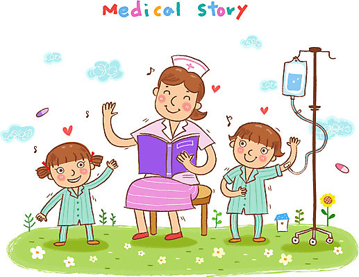EPS 여자 어린이 일러스트 의학 건강 병원 미소 웃음 사람 소녀 성인 치료 10대 책 세명 독서 건강관리 환자 간호사 도움 보호 질병 링거 복지 질병관리 여자만 국내일러스트 컨셉 의료기기 청소년 표정 관리 의료진 사회이슈 파일형식 벡터