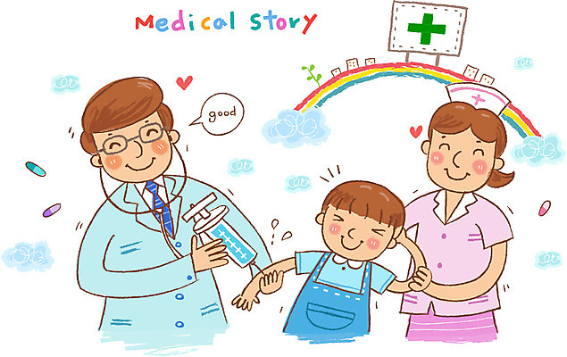 EPS 여자 남자 어린이 일러스트 의학 건강 병원 미소 웃음 사람 소년 성인 치료 10대 세명 건강관리 진료 환자 간호사 의사 도움 보호 질병 복지 질병관리 국내일러스트 컨셉 청소년 표정 관리 의료진 사회이슈 파일형식 벡터