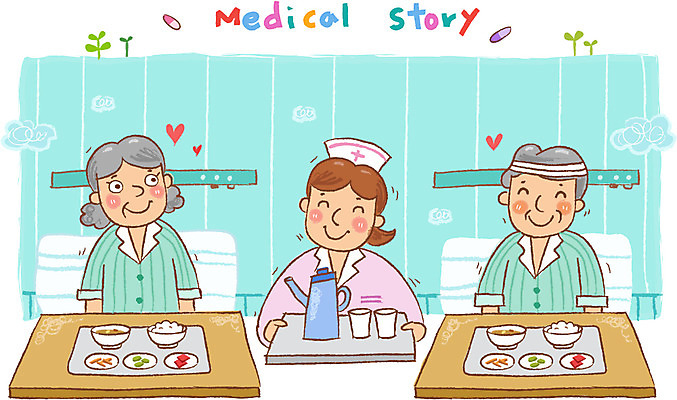 EPS 여자 할아버지 노년 남자 할머니 일러스트 의학 건강 병원 미소 웃음 사람 성인 치료 세명 건강관리 식사 환자 간호사 도움 보호 질병 복지 질병관리 70대 요양 요양원 병실 급식 입원 노인만 성인만 국내일러스트 컨셉 표정 관리 의료진 간호 사회이슈 파일형식 벡터