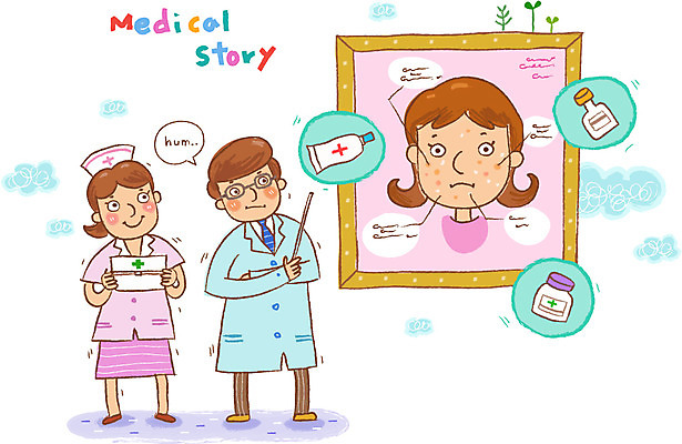 EPS 여자 남자 일러스트 의학 건강 병원 미소 웃음 사람 성인 두명 치료 약 건강관리 환자 간호사 의사 도움 보호 질병 피부 복지 질병관리 연고 피부과 피부병 성인만 국내일러스트 컨셉 표정 관리 신체부위 의료진 사회이슈 피부질환 파일형식 벡터