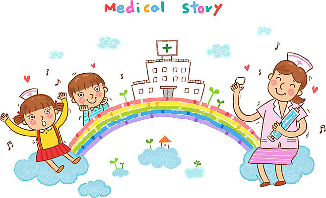EPS 여자 남자 어린이 무지개 일러스트 의학 건강 병원 미소 웃음 사람 앉기 소녀 소년 치료 10대 세명 건강관리 환자 간호사 도움 보호 질병 복지 질병관리 십대만 국내일러스트 자연요소 컨셉 모션 청소년 표정 관리 의료진 사회이슈 파일형식 벡터