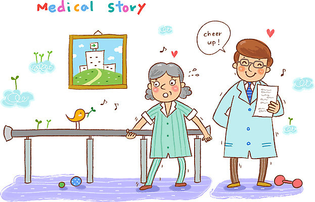 EPS 여자 노년 남자 할머니 일러스트 의학 건강 병원 미소 웃음 사람 성인 두명 치료 걷기 건강관리 환자 의사 도움 보호 질병 복지 질병관리 70대 봉 재활 재활운동 노인만 성인만 국내일러스트 컨셉 모션 표정 관리 운동 의료진 사회이슈 파일형식 벡터