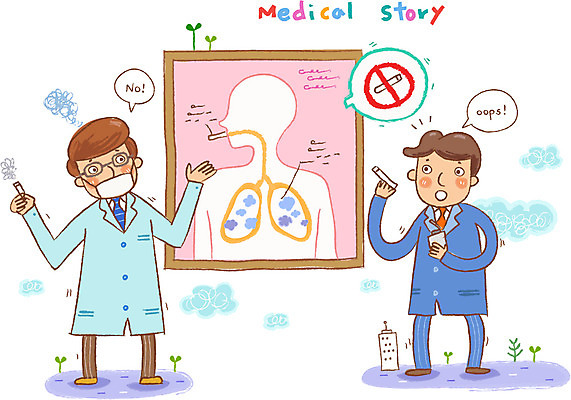 EPS 남자 일러스트 의학 흡연 담배 건강 병원 미소 웃음 사람 성인 두명 치료 건강관리 환자 의사 도움 직장인 보호 질병 복지 질병관리 폐질환 흡연금지 남자만 성인남자만 성인만 국내일러스트 직업 컨셉 표정 관리 의료진 금지 병_질병 사회이슈 파일형식 벡터