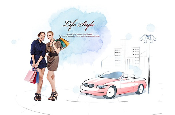 PSD 서양인 외국인 편집이미지 여자 가로등 자동차 거리 서기 미소 웃음 사람 동양인 성인 두명 쇼핑 쇼핑백 여자만 성인여자만 성인만 이미지편집 공공시설 육상교통 가방 모션 표정 인종 파일형식