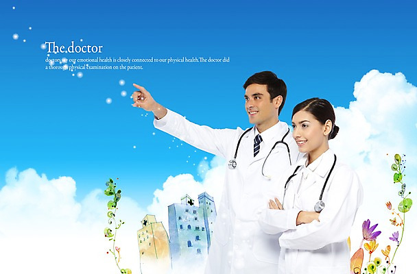 PSD 서양인 외국인 구름 편집이미지 직업 여자 남자 꽃 청진기 하늘 병원 웃음 사람 동양인 성인 두명 건물 의사 가리킴 가운 의사가운 성인만 이미지편집 자연요소 식물 건축물 옷 의학 의료기기 표정 인종 손짓 의료진 파일형식
