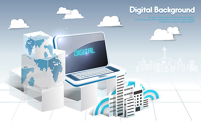 EPS 구름 백그라운드 이동 일러스트 디지털백그라운드 비즈니스 하늘 빌딩 사람없음 건물 노트북 상자 지구본 디지털 도시 디지털비즈니스 소통 국내일러스트 자연요소 건축물 컨셉 전자제품 파일형식 벡터