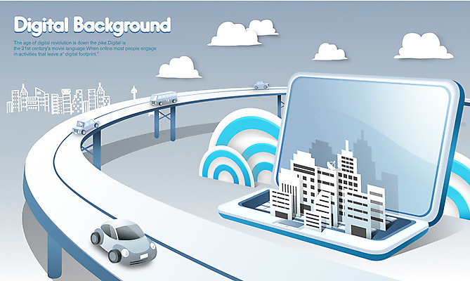 EPS 구름 도로 백그라운드 이동 일러스트 디지털백그라운드 비즈니스 자동차 하늘 버스 빌딩 사람없음 건물 노트북 디지털 도시 디지털비즈니스 소통 가교 국내일러스트 자연요소 건축물 길 육상교통 컨셉 교통시설 대중교통 전자제품 파일형식 벡터