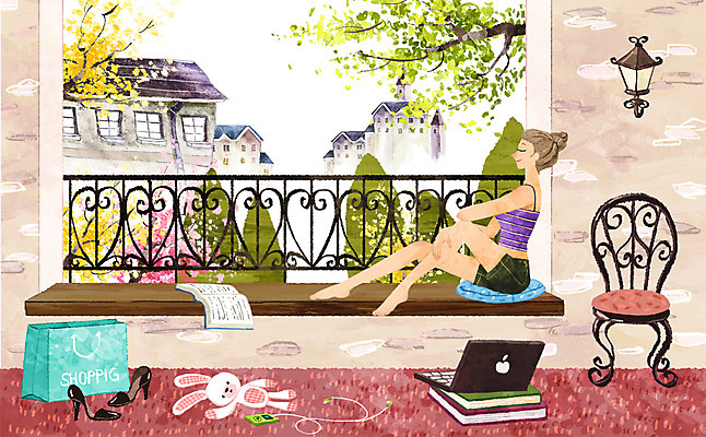 PSD 라이프스타일 여자 인형 구두 백그라운드 의자 일러스트 창문 난간 휴식 수채화 방석 한명 사람 풍경 20대 성인 라이프 책 30대 노트북 봄 발코니 창가 안식처 여자만 여자한명만 성인여자만 성인만 봄배경 국내일러스트 1 계절 가구 신발 컨셉 청년 생활 장년 전자제품 파일형식