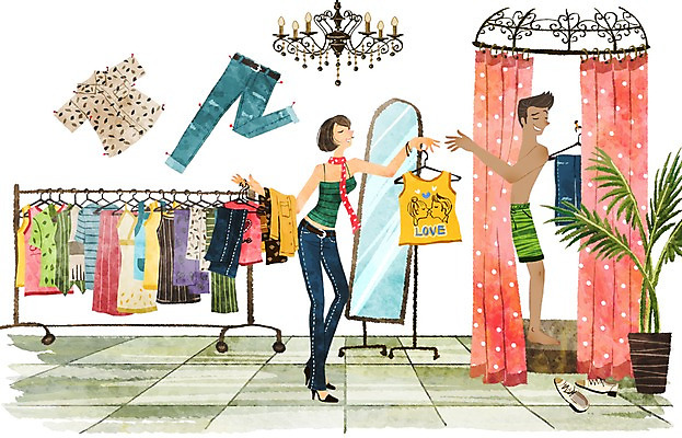 PSD 라이프스타일 커플 옷 여자 남자 화분 백그라운드 데이트 일러스트 수채화 사람 20대 성인 두명 라이프 30대 쇼핑 상점 샹들리에 탈의실 전신거울 코디 성인만 국내일러스트 패션 관계 조명 청년 생활 장년 거울 파일형식