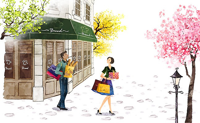 PSD 나무 라이프스타일 커플 여자 남자 길 백그라운드 가로등 데이트 일러스트 수채화 사람 20대 성인 두명 라이프 30대 쇼핑 쇼핑백 빵집 벚꽃 성인만 국내일러스트 식물 공공시설 꽃 가방 관계 청년 생활 장년 상점 파일형식