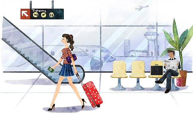 PSD 라이프스타일 여자 남자 화분 백그라운드 의자 일러스트 수채화 비행기 사람 20대 성인 두명 라이프 30대 캐리어 여행가방 표지판 신문 공항 에스컬레이터 성인만 국내일러스트 가구 가방 항공교통 교통시설 대중교통 알림판 청년 생활 간행물 장년 뉴스 파일형식