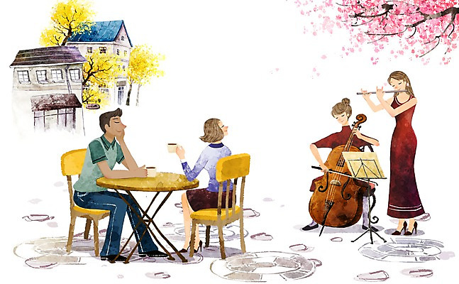 PSD 나무 라이프스타일 커플 여자 남자 꽃 길 커피 음료 음악 백그라운드 연주 데이트 일러스트 탁자 수채화 사람 여러명 20대 성인 라이프 30대 공연 카페 벚꽃 개나리 피리 첼로 성인만 국내일러스트 식물 가구 다수 관계 문화예술 이벤트 청년 생활 장년 상점 목관악기 파일형식 찰현악기