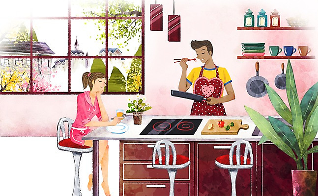 PSD 나무 라이프스타일 커플 여자 남자 화분 백그라운드 의자 데이트 일러스트 창문 수채화 도마 요리 웃음 사람 20대 성인 두명 라이프 컵 30대 주방 앞치마 프라이팬 싱크대 성인만 국내일러스트 식물 식기 가구 관계 주방용품 표정 청년 생활 장년 개수대 파일형식