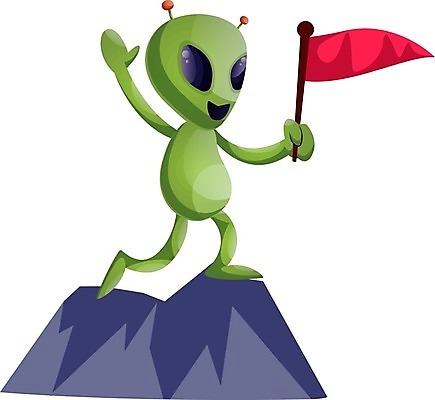 EPS 해외이미지 캐릭터 일러스트 산 들기 사람없음 초록색 등산 외계인 깃발 정상 해외202004 해외202105 해외일러스트 일러캐릭터 컬러 모션 트래킹 미확인물체 파일형식 벡터