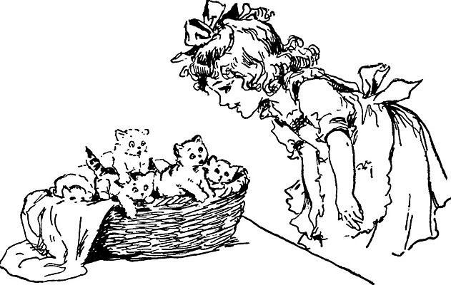 EPS 해외이미지 여자 어린이 새끼 여러마리 일러스트 숙이기 한명 상반신 바구니 검은색 고양이 관찰 라인아트 그림 판화 소녀한명만 해외202105 해외일러스트 동물 1 선 컬러 포즈 다수 포유류 모션 미술 사람 반려동물 여자한명만 소녀만 파일형식 벡터