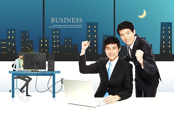 PSD 편집이미지 남자 비즈니스 미소 웃음 사람 동양인 20대 성인 두명 30대 노트북 사무실 파이팅 한국인 달 업무 비즈니스맨 야근 남자만 성인남자만 성인만 이미지편집 자연요소 모션 표정 인종 청년 장년 전자제품 작업 직장인 파일형식