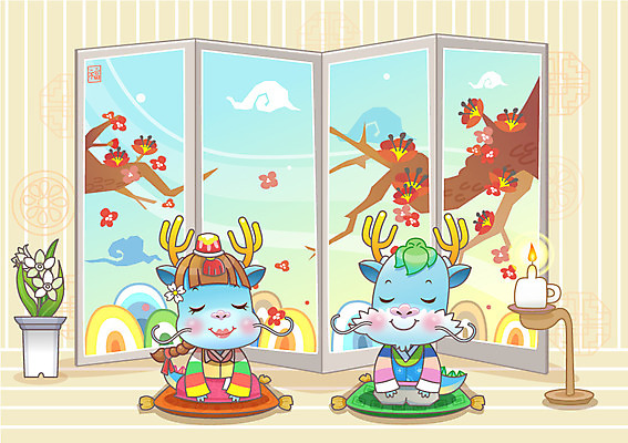 EPS 동물 캐릭터 전통 꽃 동물캐릭터 두마리 일러스트 전통캐릭터 근하신년 새해 미소 웃음 사람없음 용띠 십이지신 용 인사 전통의상 한복 신년캐릭터 세배 병풍 용캐릭터 임진년 호롱불 청룡 국내일러스트 일러캐릭터 식물 한국전통 2 조명 표정 예절 절_인사 파일형식 벡터 사방신