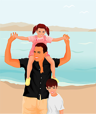 EPS 주간 웰빙 여자 남자 행복 어린이 바다 일러스트 가정 가족 미소 웃음 사람 해변 야외 세명 아빠 부성애 국내일러스트 자연요소 감정 관계 표정 파일형식 벡터