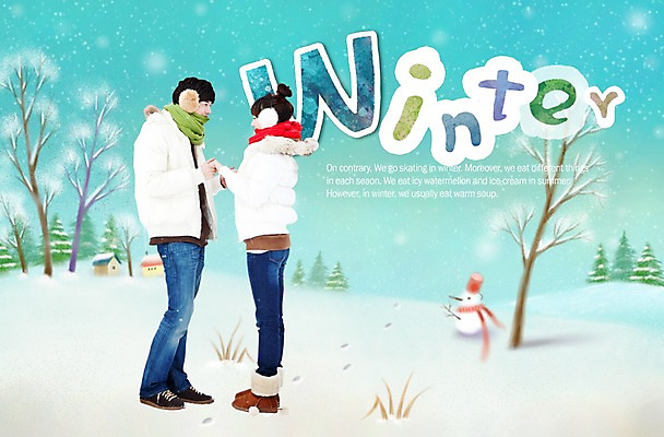 PSD 나무 편집 편집이미지 커플 계절 여자 남자 겨울 눈사람 미소 웃음 사람 동양인 성인 두명 마주보기 손잡기 다정 한국인 성인만 이미지편집 식물 컨셉 관계 모션 표정 인종 파일형식