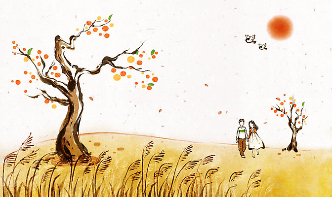 PSD 나무 커플 여자 남자 캘리배경 백그라운드 일러스트 캘리그라피 갈대 수묵화 사람 풍경 성인 두명 산책 가을 감나무 동산 성인만 가을배경 국내일러스트 식물 계절 관계 휴식 감 미술 파일형식 가을_계절