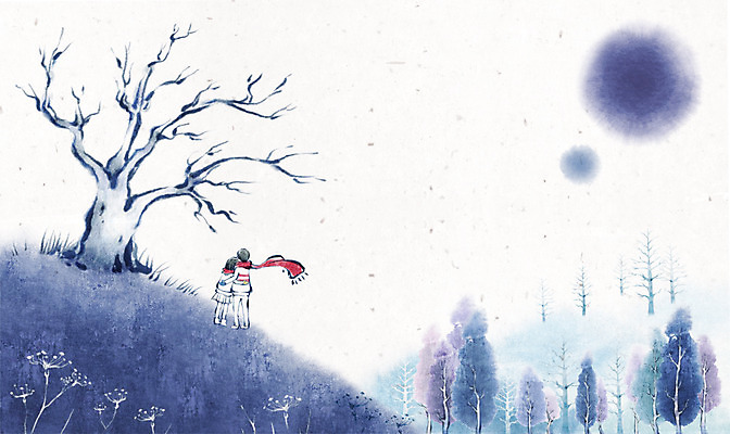 PSD 나무 커플 여자 남자 캘리배경 백그라운드 겨울 데이트 일러스트 캘리그라피 산 수묵화 사람 풍경 성인 두명 산책 동산 성인만 겨울배경 국내일러스트 식물 계절 관계 휴식 미술 파일형식