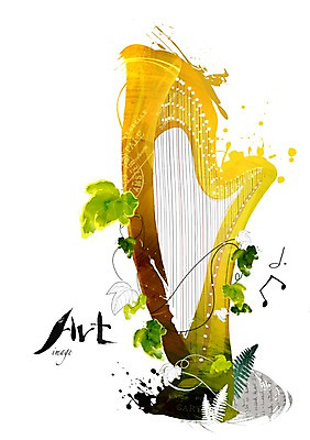 PSD 식물 영어 문화 예술 악기 잎 음표 일러스트 현악기 문화예술 사람없음 단어 화려 덩굴 그림 하프 ART 특별함 국내일러스트 문자 기호 음악 컨셉 파일형식