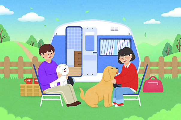 전신 PSD 부부 여자 남자 반려견 두마리 가방 일러스트 가족 사랑 앉기 성인 두명 울타리 캠핑 만지기 캠핑장 캠핑카 반려 성인만 캠핑의자 국내일러스트 커플 잡화 감정 2 의자 관계 모션 자동차 레저 캠핑도구 사람 담장 반려동물 개 파일형식