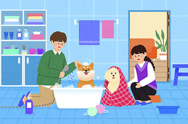 전신 PSD 부부 여자 남자 반려견 두마리 일러스트 가족 욕조 사랑 들기 앉기 성인 두명 수건 목욕 거품 욕실 강아지 무릎꿇기 샤워기 반려 수건걸이 성인만 씻겨주기 국내일러스트 커플 감정 2 관계 모션 사람 반려동물 위생용품 청결 개 파일형식