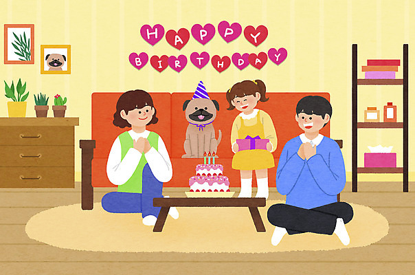 전신 PSD 한마리 여자 남자 반려견 어린이 거실 일러스트 가족 탁자 사랑 서기 들기 앉기 소녀 성인 세명 선물상자 소파 카펫 축하 생일파티 생일 강아지 생일케이크 박수 서랍장 생일축하 반려 국내일러스트 1 기념일 감정 가구 컨셉 의자 관계 모션 선물 사람 손짓 반려동물 상자 케이크 개 파일형식