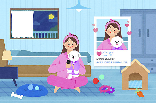 전신 PSD 한마리 여자 반려견 일러스트 창문 안기 방석 사랑 윙크 한명 들기 앉기 성인 스마트폰 침실 침대 강아지 셀프카메라 개집 반려 소셜네트워크 커플잠옷 성인여자한명만 국내일러스트 1 감정 가구 모션 표정 사람 핸드폰 스마트기기 반려동물 사진촬영 잠옷 개 애견용품 여자한명만 성인여자만 파일형식