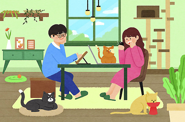 전신 PSD 부부 여자 남자 화분 거실 의자 일러스트 창문 탁자 세마리 사랑 들기 앉기 성인 두명 노트북 스마트폰 사진촬영 고양이 턱괴기 밥그릇 반려 캣타워 성인만 반려묘 국내일러스트 반려용품 그릇 커플 감정 가구 포유류 모션 3 사람 전자제품 핸드폰 스마트기기 반려동물 촬영 오브젝트 파일형식