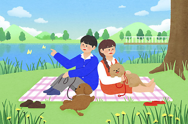 전신 PSD 공원 여자 남자 반려견 호수 나비 두마리 일러스트 가족 안기 휴식 앉기 성인 두명 강 등맞대기 가리킴 강아지 돗자리 목줄 반려 성인만 국내일러스트 공공시설 곤충 컨셉 2 관계 모션 사람 손짓 반려동물 개 파일형식 반려용품