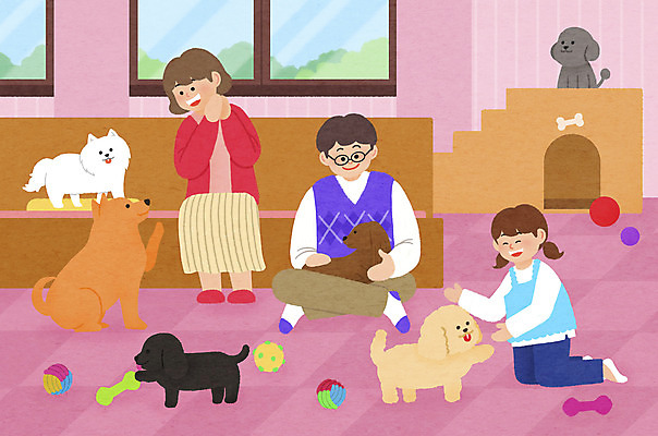 전신 PSD 여자 남자 반려견 어린이 여러마리 일러스트 창문 가족 앉기 소녀 성인 세명 장난감 강아지 무릎꿇기 즐거움 개집 놀기 반려 애견카페 국내일러스트 감정 다수 관계 모션 사람 반려동물 카페 개 애견용품 파일형식