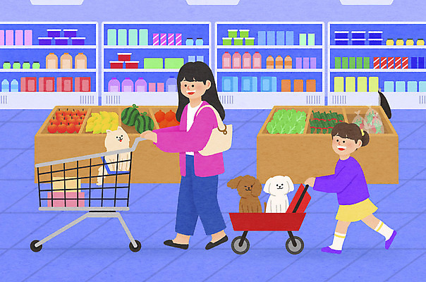 전신 PSD 여자 반려견 어린이 채소 과일 일러스트 모녀 세마리 소녀 성인 두명 쇼핑 장보기 걷기 쇼핑카 강아지 판매대 마트 유모차 반려 여자만 개모차 국내일러스트 딸 가족 모션 엄마 3 사람 반려동물 상점 카트 아기용품 개 애견용품 파일형식