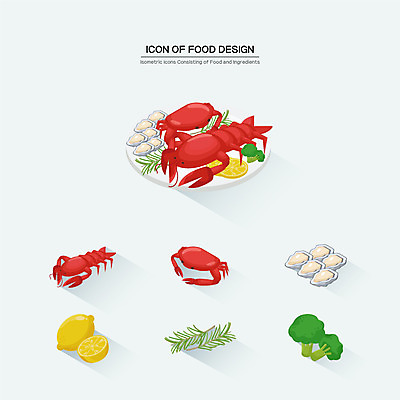 음식 잎 일러스트 식재료 사람없음 게 굴 브로콜리 바닷가재 레몬 해산물 아이소메트릭 국내일러스트 AI파일 식물 채소 과일 어패류 갑각류 가재 파일형식 벡터