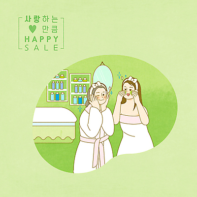 PSD 여자 중년 일러스트 모녀 상반신 성인 두명 연두색 거울 가운 뷰티샵 어버이날 피부관리 감사 바르기 가정의달 꽃받침 여자만 국내일러스트 옷 기념일 딸 감정 가족 모션 엄마 사람 손짓 초록색 뷰티 상점 5월 파일형식